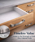 Kitchen drawer with brushed nickel zinc handle, showcasing Curved Arch Cabinet Pulls Zinc Handle Bar 5.5 Inch Length With 5 Inch Center To Center Mounting Brush