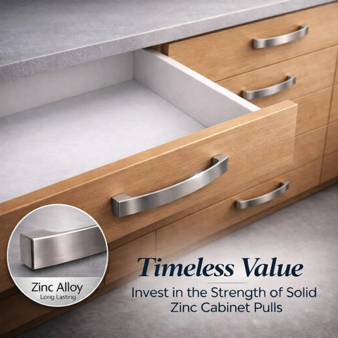 Kitchen drawer with brushed nickel zinc handle, showcasing Curved Arch Cabinet Pulls Zinc Handle Bar 5.5 Inch Length With 5 Inch Center To Center Mounting Brush