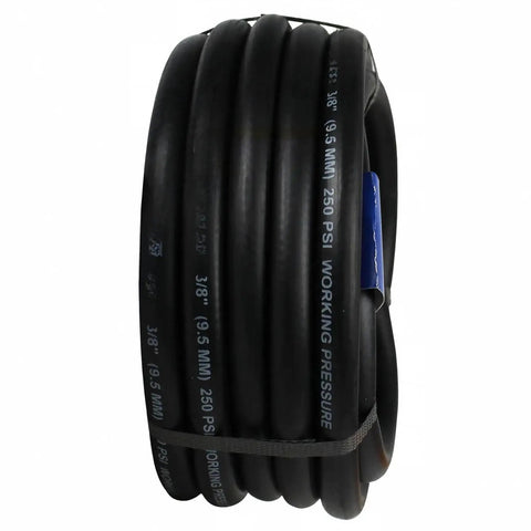 Built Tough 25 Foot Rubber Air Hose For Auto Mechanics And Garage Crews Smooth High Pressure Pneumatic Tubing 3/8 Inch Compressor Line coiled.