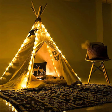 33ft Solar Rope Lights With 100 LEDs, 8 Modes, IP65 Waterproof Tube Lights illuminating a cozy indoor tent with warm white glow
