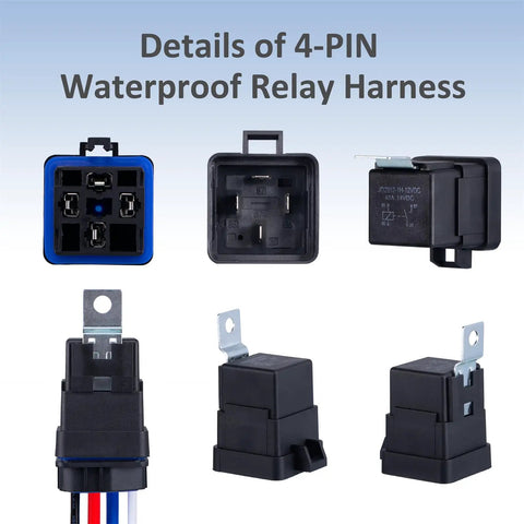 4 Pin 12V DC IP65 Waterproof Relay Harness Kit With Heavy Duty 40/30 Amp Rating view of various angles and components