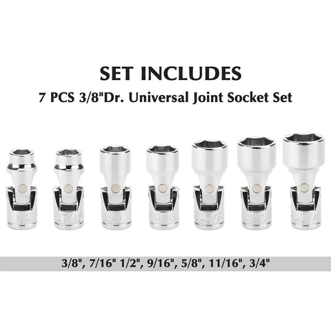 3/8 Inch Drive Universal Joint Socket Set With Swivel Head, Heavy Duty 6 Point SAE Flex Socket Kit In Chrome Vanadium Steel, Mirror Finish, Reaches Tight Spots With 40 Degree Angles And 360 Degree Rotation, Includes 3/8 To 3/4 Inch Sizes, 7-piece set