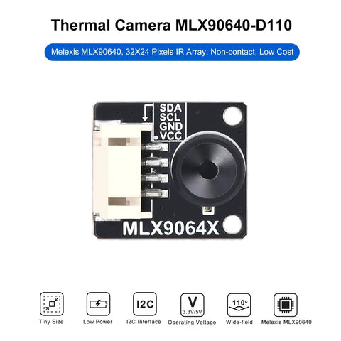 Front view of Thermal Imaging Camera MLX90640-D110 32x24 IR Array with I2C interface, showing connectors and lens