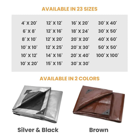 Built Tough Heavy Duty Poly Tarp Cover 16 Mil And 10 Mil With Grommets And Reinforced Edges 20x30 Ft visible in brown and silver colors with size options.
