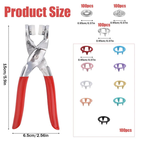 Pro Level Metal Snap Fasteners Kit With One Hundred Colored And Silver Five Prong Buttons Paired With Rugged Iron Press Pliers, showing pliers and buttons.