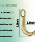 Two Pack 8 Inch Beefy Heavy Duty Tow J Hooks Set Grade 70 Forged Steel Yellow Zinc Plated Clevis J Hooks For Transport Chains 5400 Lbs Capacity Heavy Load Reliable Towing Hooks next to specification chart