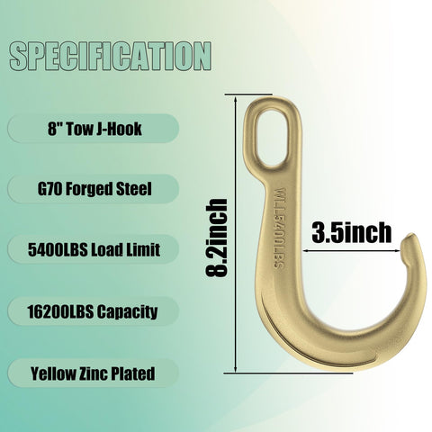 Two Pack 8 Inch Beefy Heavy Duty Tow J Hooks Set Grade 70 Forged Steel Yellow Zinc Plated Clevis J Hooks For Transport Chains 5400 Lbs Capacity Heavy Load Reliable Towing Hooks next to specification chart