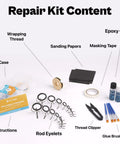 Ultimate Fishing Rod Repair Kit With All In One Supplies For Eyelet Replacement Rod Guides Epoxy Glue Wrapping Thread And Tape contents including eylets, thread, epoxy, brushes, clippers, and instructions.
