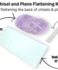 Chisel and plane flattening kit with PSA abrasive discs and non-slip feet on dead-flat float glass for sharpening setup