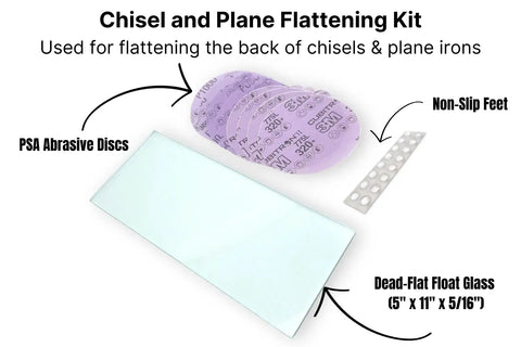 Chisel and plane flattening kit with PSA abrasive discs and non-slip feet on dead-flat float glass for sharpening setup