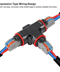 2 Pack Waterproof IP68 Outdoor Wire Connector Two Pin Junction Box Two Way T Shape Cable Connector For AWG 28 Through 12 Wire Rated AC 250V 24A Weatherproof Electrical Junction Box in use showing compression type wiring design.