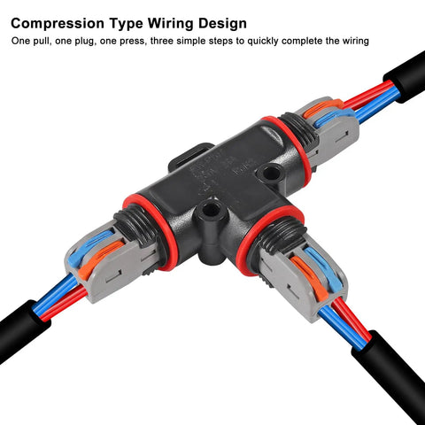 2 Pack Waterproof IP68 Outdoor Wire Connector Two Pin Junction Box Two Way T Shape Cable Connector For AWG 28 Through 12 Wire Rated AC 250V 24A Weatherproof Electrical Junction Box in use showing compression type wiring design.