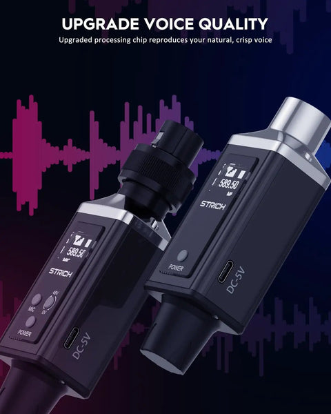M3 UHF Wireless Microphone System With XLR Transmitter And Receiver, 16 Channels shown against soundwave backdrop