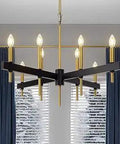 Black Gold Metal Farmhouse Chandelier With 8 Light Cross Pendant Candle Lights in a living room setting