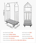 Hotel Luggage Cart With Brushed Stainless Steel Finish And Grey Carpeted Deck Bellman Valet Cart With 6 Inch Rubber Wheels 800 Lbs Capacity For Hotels Condos And Resorts Silver For Easy Transport, detailed dimensions and specifications