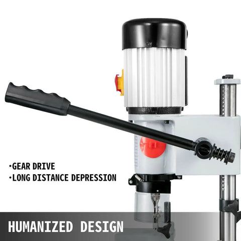 Professional Benchtop Mortiser Machine Featuring Variable Speed Drive For Precision Wood And Metal Milling close-up of gear drive and handle details.