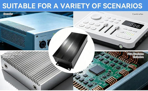 Rugged Split Aluminum Enclosure Project Box With A Slick Brushed Cap, Zero Sweat Cooling Case For Diy Circuit Boards And Tech Builds, Built Tough To Dump Heat And Crush Any Bench Job In Sand Black displayed among electronic devices.