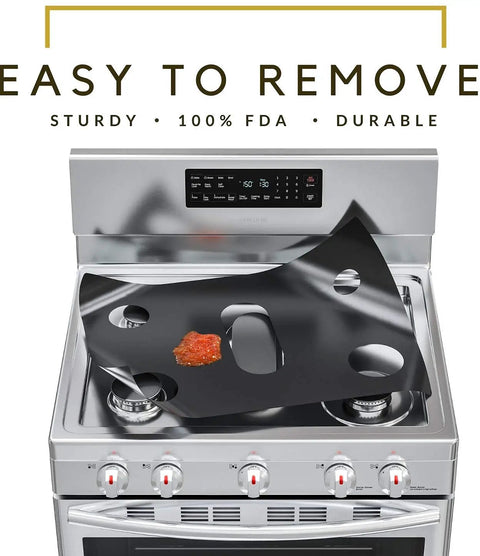 Reusable Gas Range Protectors For 5 Burner Stove With Nonstick Surface Washable And Hassle Free Clean Stove Top Covers For Gas Burners Fits Samsung Range Heavy Duty Black placed on silver stove with sauce spill.