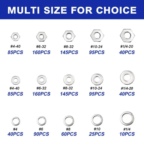 Various size options for 1800 Piece Hardware Set with Stainless Steel Nuts Bolts Washers and Screws in Double Sided Yellow Organizer Box SAE sizes