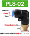 PL8-02 8mm tube pneumatic elbow fitting with quick connector labelled dimensions and thread specification. Must Have Durable Pneumatic Air Hose Elbow Fittings Set With Quick Connectors Four Six Eight Ten Twelve Millimeter Thread Sizes And One Eighth One Quarter Three Eighth One Half Inch Quick Connects Great For Air Tools And Hoses.