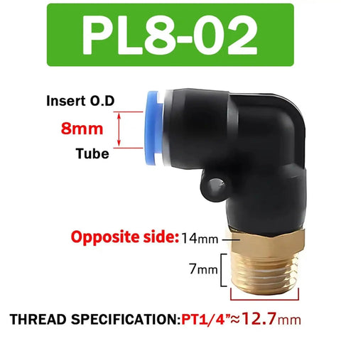 PL8-02 8mm tube pneumatic elbow fitting with quick connector labelled dimensions and thread specification. Must Have Durable Pneumatic Air Hose Elbow Fittings Set With Quick Connectors Four Six Eight Ten Twelve Millimeter Thread Sizes And One Eighth One Quarter Three Eighth One Half Inch Quick Connects Great For Air Tools And Hoses.