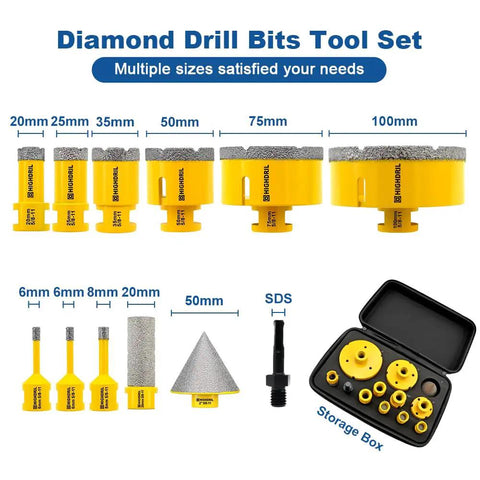 Heavy Duty Pro Grade Diamond Hole Saw Kit For Tile And Stone Drill Set With 12 Pieces showing diamond core bits and storage box