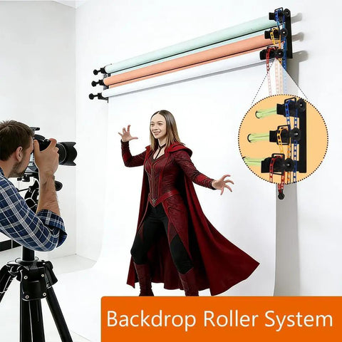 No Sweat 3 Roller Photography Backdrop Stand With Reliable Ceiling Or Light Stand Mount, Handles Standard Pipe Tubing, Includes Hooks And Telescoping Rods For Knockout Home Studio Clips
