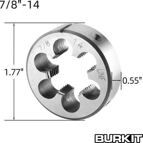 Seven Eighths Inch UNF Tap And Die Set 14 TPI Right Hand Machine Thread Tap And Round Die 1.77 Inch OD Straight Fluted Design