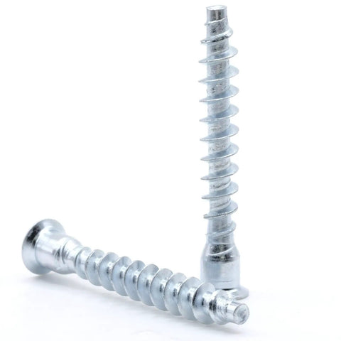 Two M7 X 50mm Confirmat Screws showing flat head hex drive, 3.25mm pitch, countersunk design, for wood furniture assembly.
