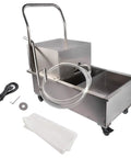 Rocking This Heavy Duty 370W Commercial Fryer Filter Machine With A Snazzy 55 Gallon Oil Filler Cart showing stainless steel body and hose.