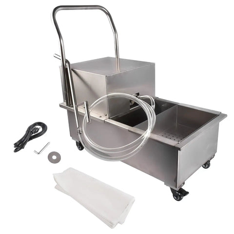 Rocking This Heavy Duty 370W Commercial Fryer Filter Machine With A Snazzy 55 Gallon Oil Filler Cart showing stainless steel body and hose.