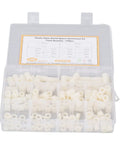 Round Nylon Standoff And Spacer Kit For PCB Board Mounting And Electrical Insulation In A Durable Storage Container, 150 Piece Nylon Standoffs And Spacers For Easy Mounting, Precise Spacing, And Component Clearance. Plastic nylon round spacer assortment kit in container