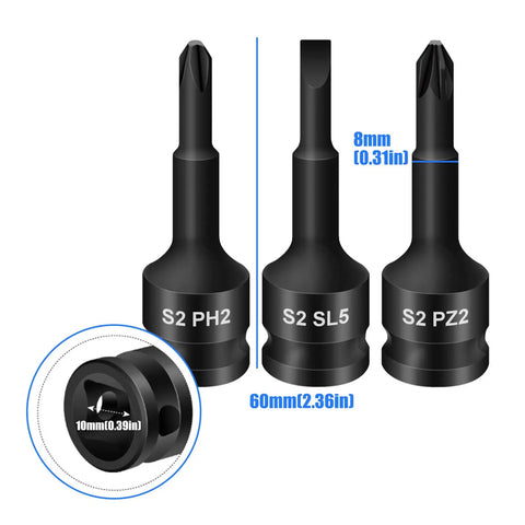 Heavy Duty Integrated Screw Tip Socket Kit With 3/8 Square Drive Featuring Chrome Steel Bodies And Versatile Bits For Home Repairs, DIY Projects And Routine Mechanical Care Services To Tackle Any Job With Ease. 3pc S2 PH2 SL5 PZ2 60mm bits