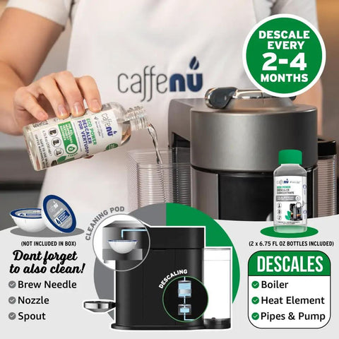 Person pouring descaler from Vertuo Descaler Kit Two Bottles For Limescale Removal And Hotter Coffee Descaler Solution For Vertuo Coffee Machines Four Uses Easy Fast Acting Cleaner into coffee machine, product features highlighted.