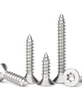 Built Like A Tank 125 Piece Torx Star Drive Flat Head Screw Set Featuring Heavy Duty 304 Stainless Steel For Wood And Sheet Metal Self Tapping Design With T20 Driver Bit Top Shelf Multipack - Various stainless steel screws with flat heads.