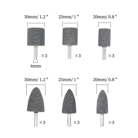 18 Piece Two Shape Head Mounted Stone Point Abrasive Grinding Wheel Bits Set With One Quarter Inch Six Millimeter Mandrel