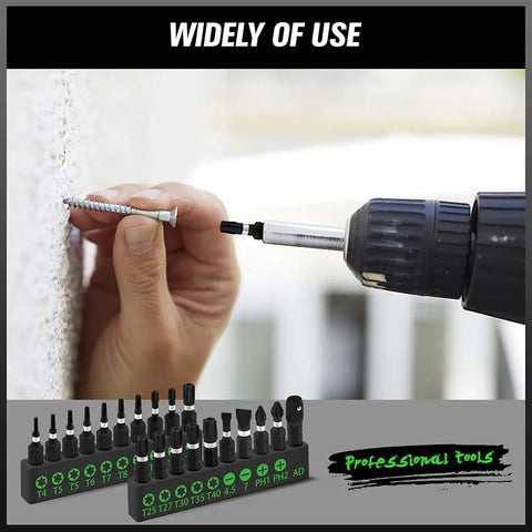 Person using drill with 20 Piece Tamper Resistant Torx Bit Set With One Quarter Inch Hex Shank, Impact Grade Security Bits T4 To T40 In S2 Alloy Steel shown below.