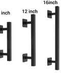 Three black matte finish heavy duty iron gate handles in 9, 12, and 16 inch sizes, wall-mounted with square plates.