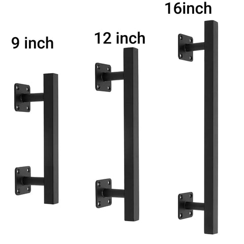 Three black matte finish heavy duty iron gate handles in 9, 12, and 16 inch sizes, wall-mounted with square plates.
