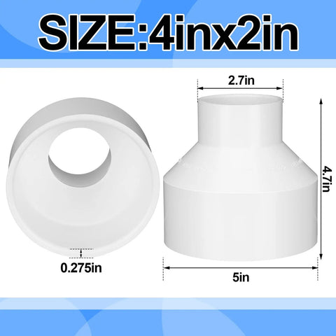 2 Pack 4 Inch By 2 Inch PVC Reducer Coupling Adapter Socket To Socket Fittings Schedule 40 Slip DWV visible dimensions