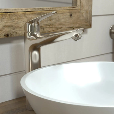 Low Flow Water Saving 1 Handle 12 Inch Tall Bathroom Sink Faucet In Brushed Nickel Single Hole Mount With Optional 3 Hole Compatibility Baseplate Sold Separately Modern Sleek Design installed in bathroom setting