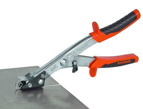 NR1 Hand Nibbler with Built-In Waste Cutter cutting flat metal sheet, soft grip handles, clean burr-free edges, protective guard shown