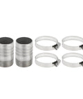 Two 1.6 in OD stainless steel hose barb fittings and four stainless hose clamps.