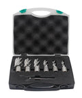 Front view: 6-piece annular cutter set with Weldon shanks in foam-lined plastic case