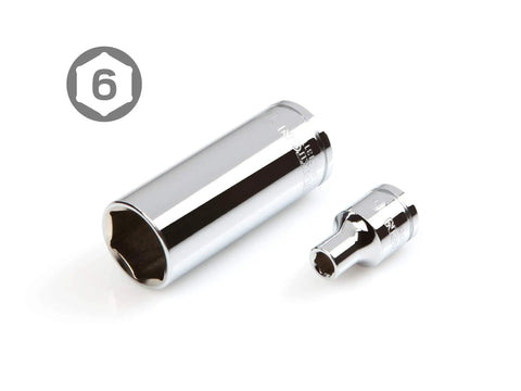 Close-up of deep and shallow sockets, part of the Three Eighths Inch Drive Six Point Socket And Ratchet Set, Thirty Four Piece.