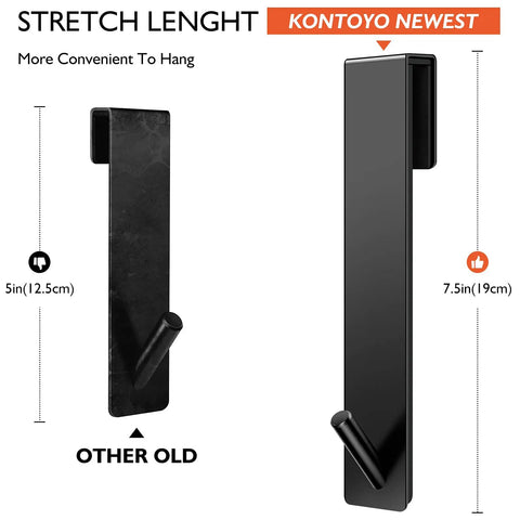 Comparison of old and newest 7.5 inch over the door shower hooks, heavy duty stainless steel towel hooks for frameless glass doors.