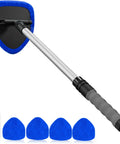 Desin windshield cleaning tool with extendable aluminum handle, blue microfiber pads (4) and spray bottle