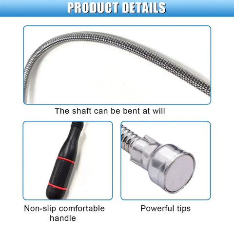 Flexible Magnetic Pickup Tool 24 Inch Bendable Snake Grabber showing bendable shaft, non-slip handle, and magnetic head