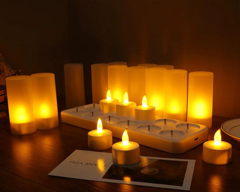 Rechargeable Tealights Flickering Flameless Candles With Charging Base And AC Adapter 12 Pack LED Tealight Set lit in dark room