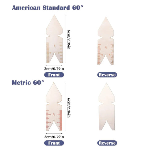 Front and reverse views of Three Piece Stainless Steel Fishtail Center Gauge Set For Thread Pitch Measurement 55 Degree And 60 Degree Gauge.